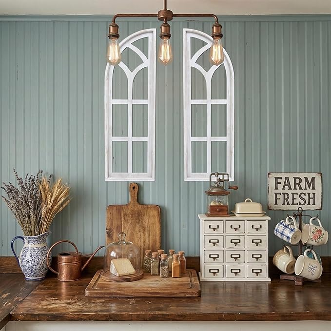 SwallowLiving Set of 2 Cathedral Arch Window Frame Wall Decor - 36" Large Rustic Farmhouse Wood Wall Art - Distressed White Architectural Hanging for Living Room, Entryway & Mantel (NO WREATH)