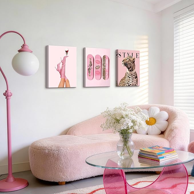 WENGTIAO 3Pcs Pink Leopard Canvas Wall Art Fashion Cheetah Paintings Prints Lucky Skateboard Pictures Boots Martini Posters Decor Coquette Preppy Aesthetic Artwork for Living Room Bedroom 12x16x3 inch