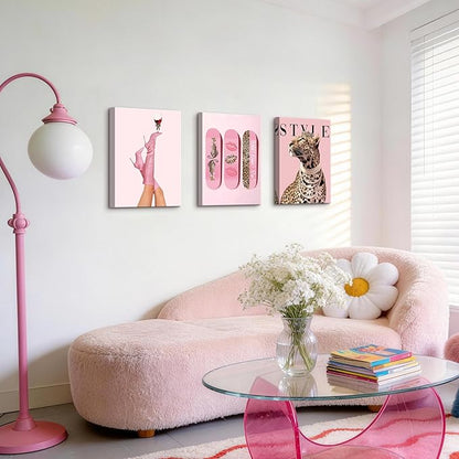 WENGTIAO 3Pcs Pink Leopard Canvas Wall Art Fashion Cheetah Paintings Prints Lucky Skateboard Pictures Boots Martini Posters Decor Coquette Preppy Aesthetic Artwork for Living Room Bedroom 12x16x3 inch