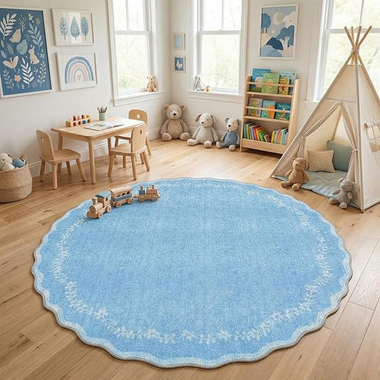 GarveeHome Round Area Rugs 6ft for Bedroom, Solid Blue Washable Circle Rug Soft Non Slip Floral Print Floor Mat Leaves Carpet Indoor Thin Rug for Living Room Dining Room Playroom Nursery