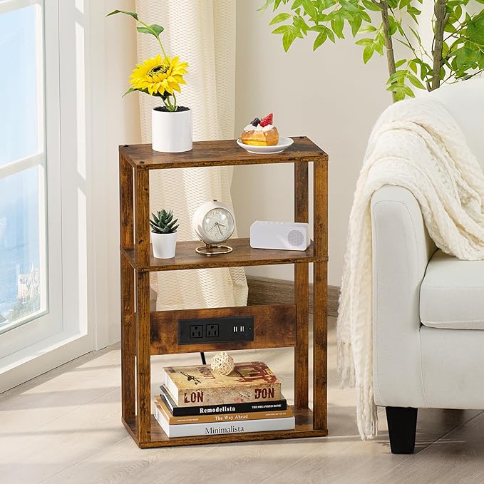 YUFAM 3-Tier Small Narrow Wood Side Table Set of 2 with Charging Station - Skinny Nightstand for Small Spaces, Slim Bedside Table with USB Ports and Outlets - Thin End Table with Storage, Brown