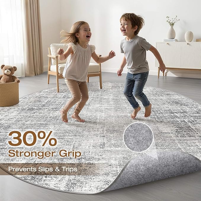 7ft Round Rug Living Room: 7x7 Washable Large Neutral Grey Circle Area Rug Abstract Soft Modern Stain Resistant Indoor Floor Non-Slip Carpet for Bedroom Nursery Kids Office Playroom Dining Room