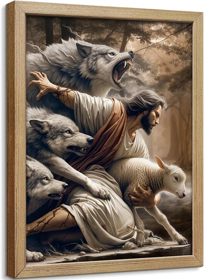 Framed Jesus and Lamb Canvas Wall Art Jesus Saves The Lost Lamb Picture Wall Decor God Protect A sheep From Wolves Painting Print Christian Poster Artwork for Living Room Bedroom Church (16x24 in)
