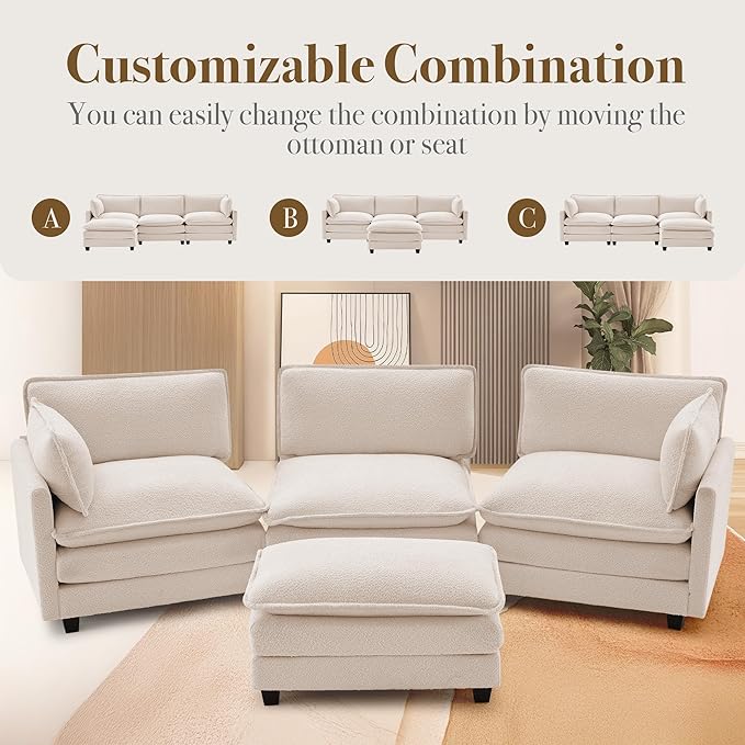 ROWHY 112'' Modular Sectional Cloud Couch with Movable Ottoman, 4 Seat Modern Chenille Sofa with 2 Throw Pillows, Deep Seat L Shaped Couch for Living Room Bedroom Apartment, Beige | Arrange Freedom