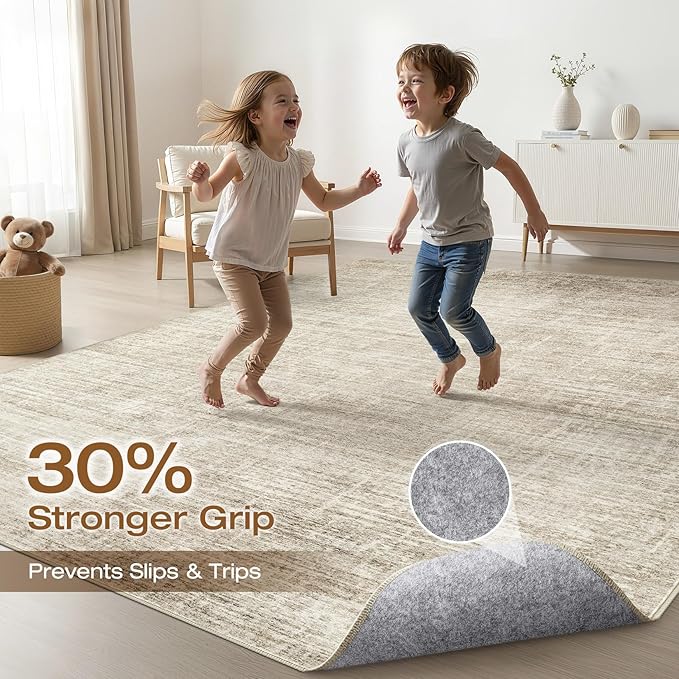 5x7 Area Rugs Living Room: Washable Large Neutral Beige Rug Abstract Soft Modern Stain Resistant Indoor Floor Non-Slip Carpet for Bedroom Nursery Kids Office Playroom Dining Room Under Table Home