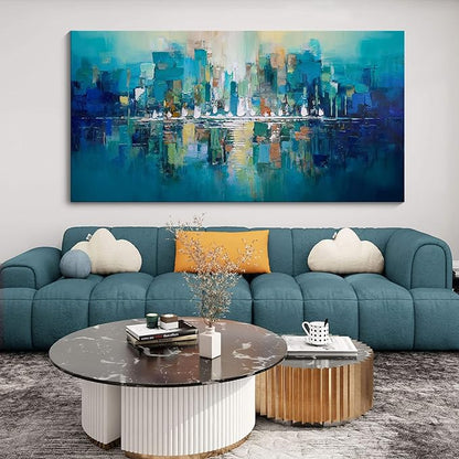 YDYSUNE Abstract Wall Art - Teal Canvas Wall Decor City Picture,Large Modern Artwork for Living Room Bedroom Office Decoration Green Home Decor Painting Size 24X48inch
