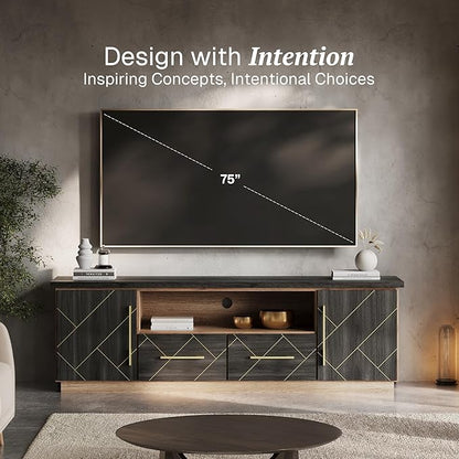 BELLEZE 70 Inch Modern TV Stand with Gold Trim, Elegant Entertainment Center with Storage, Media Console Table with Drawers & Open Shelves for Living Room (Espresso Black)