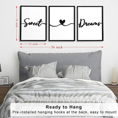 3D Wood Sweet Dreams Wall Decor Above Bed Decors, Bedroom Wall Art 36x16”, Black Wall Decor for Bedroom (12x16 inches, Set of 3, Framed)