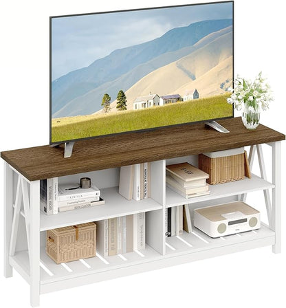 ChooChoo Farmhouse TV Stand for TVs up to 60 Inch, Modern Entertainment Center with 4 Open Shelves & Built-in Cable Holes, Media TV Console for Living Room, Bedroom, White