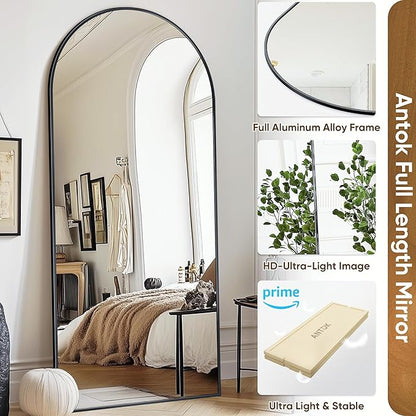 Antok Arched Full Length Mirror, 68"x28" Black Metal Frame Floor Mirror for Bedroom Living Room, Freestanding/Wall Mount/Leaning