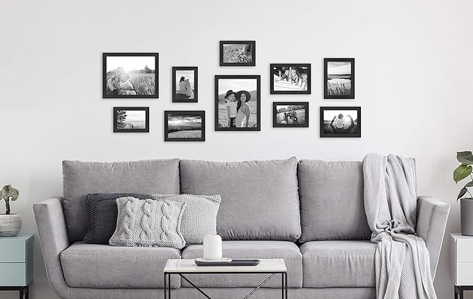 MCS Gallery Essential Picture Frame Set 4x6, 5x7 & 8x10 Black Woodgrain, Gallery Wall Vertical & Horizontal Hanging Frames for Photos & Art Prints (10-Pack)
