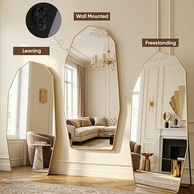 Antok Full Length Mirror, 71"x32" Floor Mirror, Free Standing Wall Mounted or Leaning Full Body Mirror with Aluminum Alloy Frame, Diamond Irregular for Bedroom Entryway Cloakroom, Gold