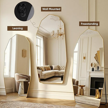Antok Full Length Mirror, 71"x32" Floor Mirror, Free Standing Wall Mounted or Leaning Full Body Mirror with Aluminum Alloy Frame, Diamond Irregular for Bedroom Entryway Cloakroom, Gold