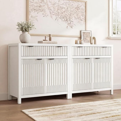 Fatmok Fluted Buffet Cabinet with Storage Set of 3, 34" Tall Modern Arched Sideboard Cabinet w/AdjustableShelves,Wooden Modular Coffee Bar for Kitchen, Living Room, Entryway, White