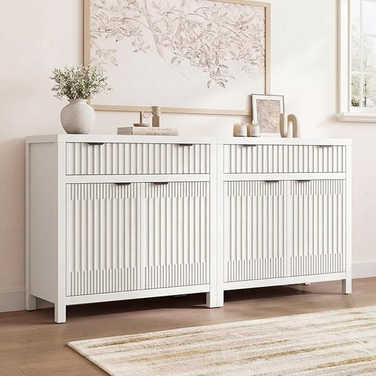 Fatmok Fluted Buffet Cabinet with Storage Set of 2, 34" Tall Modern Arched Sideboard Cabinet w/AdjustableShelves,Wooden Modular Coffee Bar for Dining Room, Kitchen, Living Room, Entryway, White