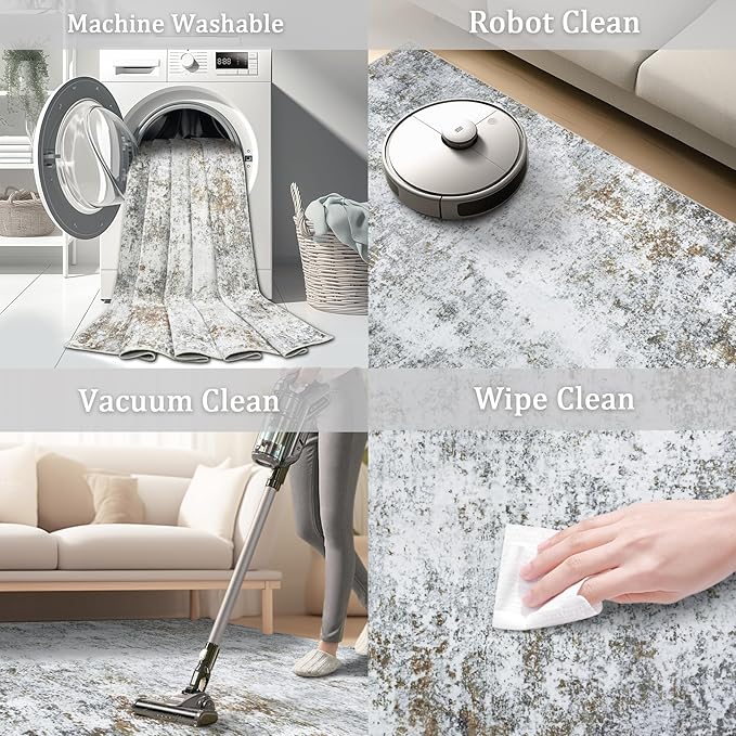 8x10 Area Rug Living Room Rugs - Washable Rug Large Modern Abstract Soft Thin Carpets Indoor Floor No Slip Vintage Carpet for Bedroom Under Dining Table Nursery Home Office Decor Gray Brown