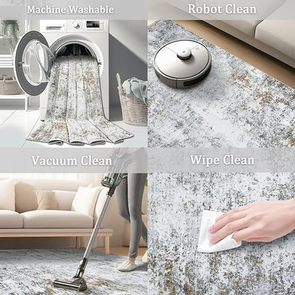 8x10 Area Rug Living Room Rugs - Washable Rug Large Modern Abstract Soft Thin Carpets Indoor Floor No Slip Vintage Carpet for Bedroom Under Dining Table Nursery Home Office Decor Gray Brown