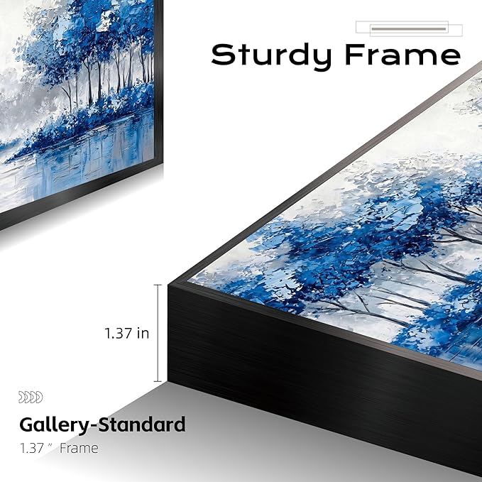 Large Wall Art for Living Room Bedroom Office Entryway, Blue Gold Abstract Modern Luxury Framed Crystal Porcelain Wall Decor, Waterproof Easy Clean Artwork for Home Hotel Restaurant Bar 24x48 Inch