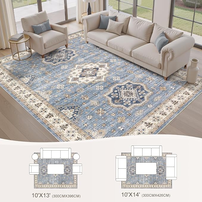 EIEIHOUSE Washable Area Rugs for Living Room -10x14 Neutral Vintage Distressed Floral Farmhouse Boho Large Soft Floor Rug Indoor Non Slip Carpet for Living Room Bedroom Dining Room Office - Blue