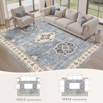 EIEIHOUSE Washable Area Rugs for Living Room -10x14 Neutral Vintage Distressed Floral Farmhouse Boho Large Soft Floor Rug Indoor Non Slip Carpet for Living Room Bedroom Dining Room Office - Blue