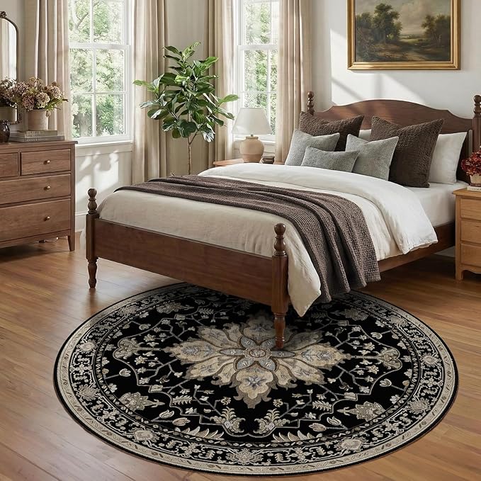RELEANY Area Rugs Round 7ft Washable Non-Slip, Floral Vintage Distress Print Pattern Medallion Carpet for Living Room Bedroom Dining Room, Black Brown Neutral Dark Tan