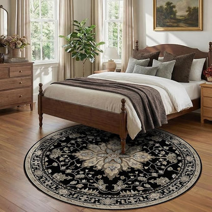 RELEANY Area Rugs Round 7ft Washable Non-Slip, Floral Vintage Distress Print Pattern Medallion Carpet for Living Room Bedroom Dining Room, Black Brown Neutral Dark Tan
