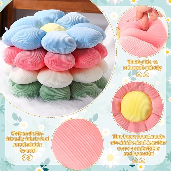 Coume 4 Pcs Flower Pillows 15" Plush Flower Shaped Pillows Daisy Floor Throw Cute Seat Cushion for First Day of School Bed Sofa Couch Chair Office Room Back to School Classroom Decor(Pastel)