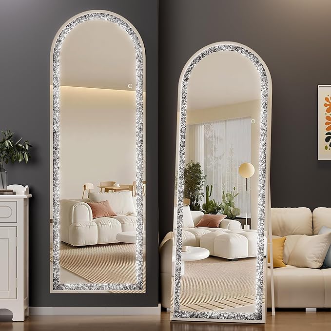 63"×22" Full-Length Mirror with Lights- Arch Crystal Crush Diamond Wall Mounted Hanging Diamond Mirror Leaning for Living Room Bedroom