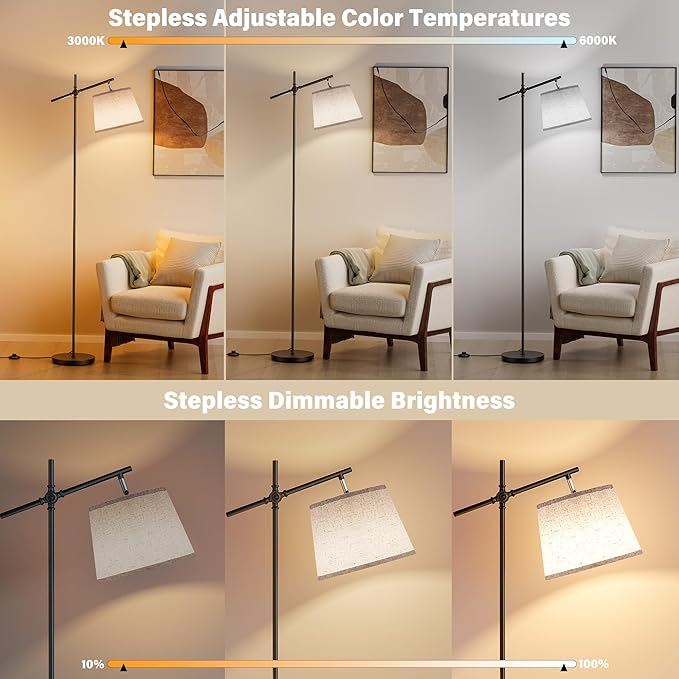 SIBRILLE Floor Lamp with Linen Shade, Dimmable Tall Standing Lamp with Remote Control & 3 Color Temperatures Bulb, Modern Swing Arm Floor Lamps for Living Room Bedroom Office Corner