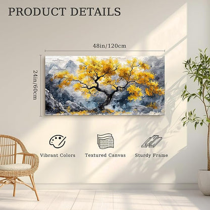 crmotu Tree of Life Large Wall Art, Chinoiserie Scenic Ink Paintings, Mountain Tree Landscape Artwork for Walls, Abstract Watercolor Modern Wall Decor Living Room Bedroom Office Art Prints 24x48inch