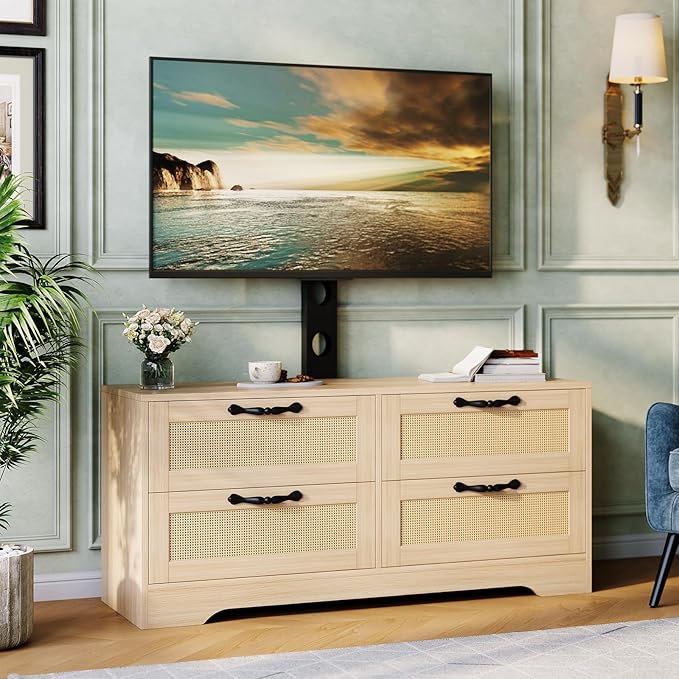 GarveeHome 4 Drawer Dresser TV Stand with Mount, XXX Inch Rattan Entertainment Center for TVs Up to 70 Inch, Farmhouse Wooden Media Console for Living Room, Bedroom, Natural