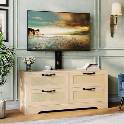 GarveeHome 4 Drawer Dresser TV Stand with Mount, XXX Inch Rattan Entertainment Center for TVs Up to 70 Inch, Farmhouse Wooden Media Console for Living Room, Bedroom, Natural