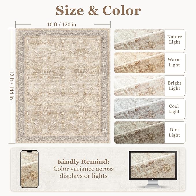 Beige Big Rug 10x12, Vintage Neutral Carpet Large Size 10x12 for Living Room Bedroom, Washable Non Slip Low Pile Thin Room Rug for Dining Room Family Room, Farmhouse Beige Taupe