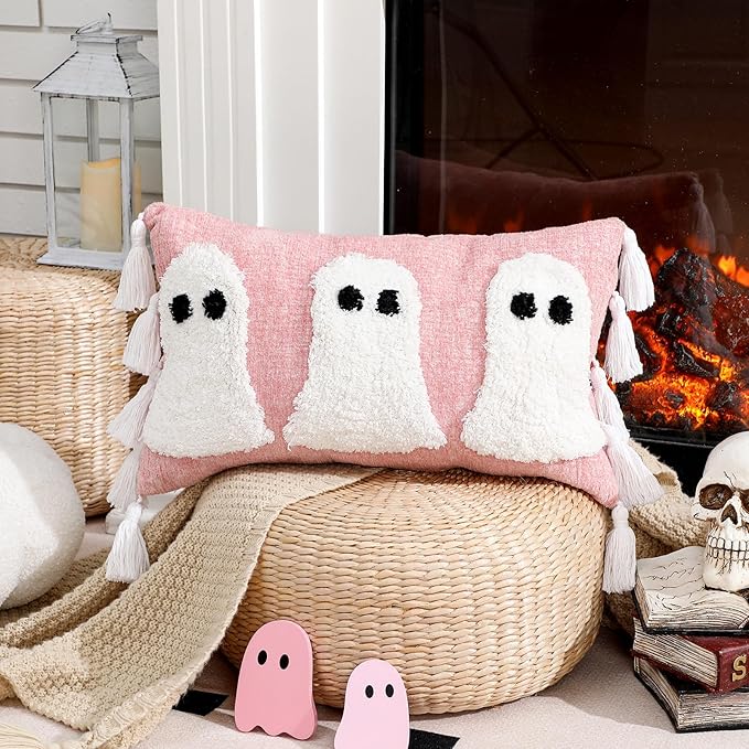 Yuntau Halloween Ghost Throw Pillows Cover Decorative Pink Ghost Shaped Pillowcase Embroidery Cushion Cover Cute Halloween Decorations for Home Bedroom Bed Sofa Living Room Outdoor Party Decor