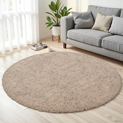 Beige Round Fluffy Rug 6ft,Soft Bedroom Circle Rugs Mats for Kids Girls Nursery Room,Washable Plush Shaggy Indoor Non Slip Rug for Bedside Living Room Bedroom Circular Carpet,Home Decor Aesthetic