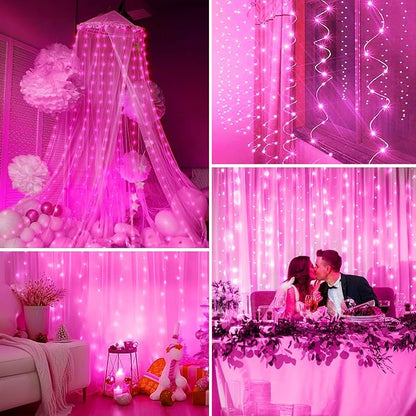 Minetom Curtain Lights, 300 LED Dimmable Fairy Lights with Remote and Timer, 8 Modes, USB Powered String Lights for Room Wall Party Xmas Indoor Decor, Pink
