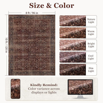 Washable Rugs 8x10 Brick Red, Earth Tone Thin Area Rugs for Living Room, Vintage Distressed Bedroom Rug Non Slip Stain Resistant, Carpet Rug for Dining Room/Kitchen/Home Office/Family Room