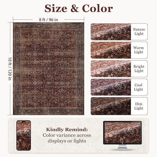 Washable Rugs 8x10 Brick Red, Earth Tone Thin Area Rugs for Living Room, Vintage Distressed Bedroom Rug Non Slip Stain Resistant, Carpet Rug for Dining Room/Kitchen/Home Office/Family Room