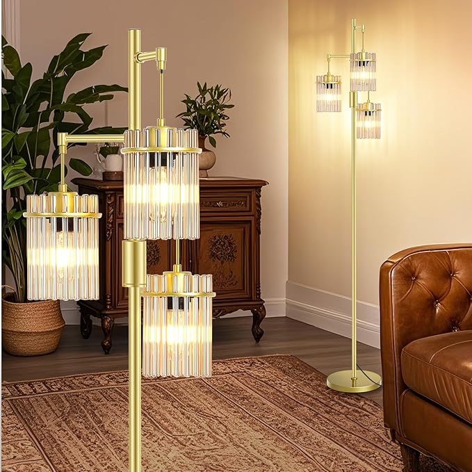 Farmhouse Glod Modern Floor Lamps for Living Room, Dimmable Glass Tree Standing Tall Lamps with 3 Elegant Teardrop Cage Head & 800 Lumens LED Bulbs for Bedroom Office (65inch Tall)