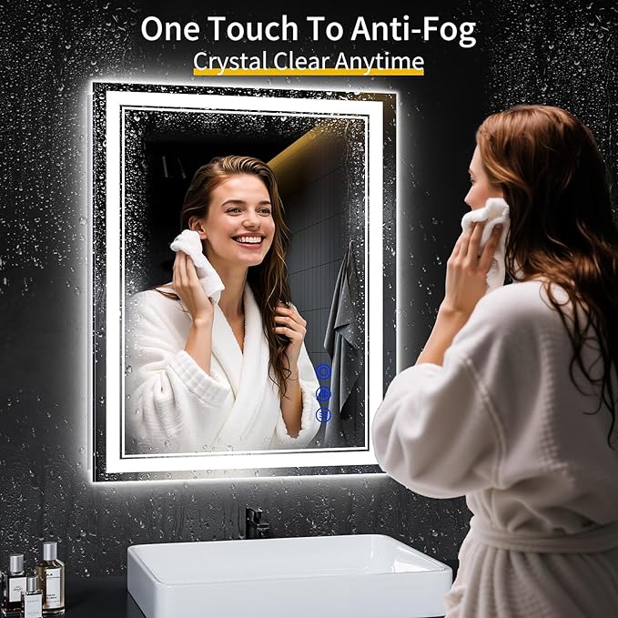 30"x24" LED Bathroom Mirror with Anti-Fog, Stepless Dimmable Lights, 3 Color Modes, Shatter-Proof Tempered Glass,Waterproof Design