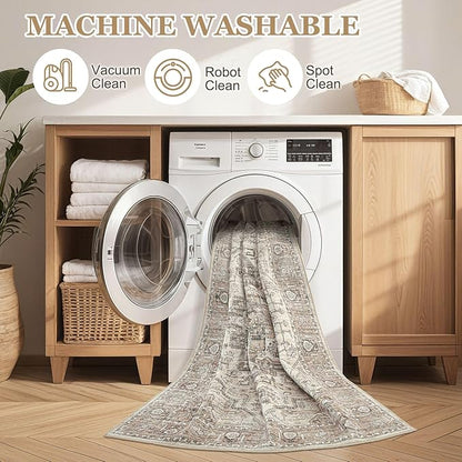 Area Rug 12x15 Washable Vintage - Soft Traditional Rugs for Living Room Large Non Slip Backing with Low Pile Farmhouse Oriental Retro Carpet for Bedroom Dining Room or Home Office - Light Brown