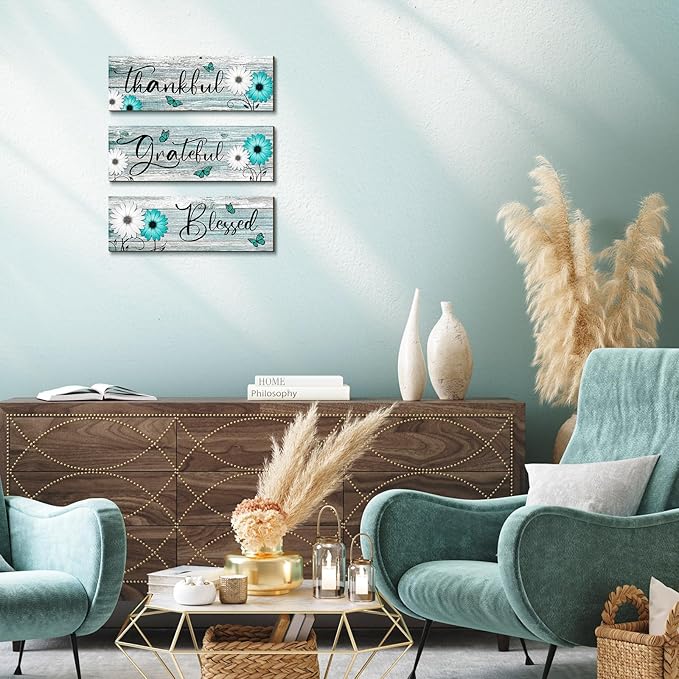 Geetery 3 Pcs Thankful Grateful Blessed Wooden Signs Rustic Daisy Wood Wall Decor Inspirational Wall Art Signs Rustic Wooden Hanging Decorations for Bedroom Kitchen Living Room Bathroom Home (Teal)