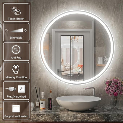 32 Inch Round LED Bathroom Mirror with Anti-Fog, Dimmable Front & Backlit Lights, 6000K Daylight, Frameless, 5mm HD Glass, Memory Function, Touch Control