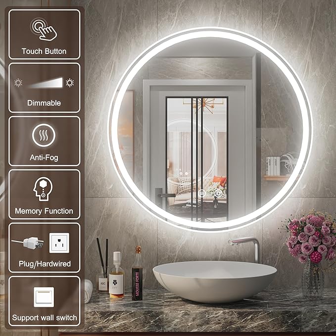 30 Inch Round LED Mirror for Bathroom, Front Light & Backlit, Adjustable Brightness, Anti-Fog, Memory, CRI 90+, Frameless Round Vanity Mirror with Lights