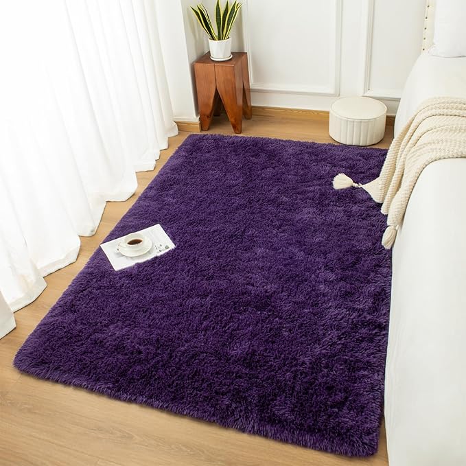Andecor Shag Area Rug for Living Room, 4x6 Feet Purple Soft Fluffy Indoor Plush Throw Rugs for Bedroom Girls Kids Room Nursery Dorm Home Decor Carpet