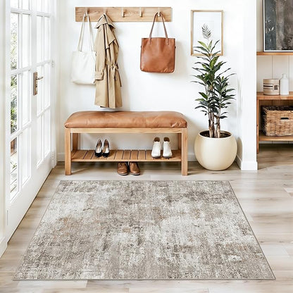 3x4 Washable Entryway Area Rug - Non-Slip Modern Small Indoor Mat for Bathroom,Living Room,Bedroom - Abstract Neutral Soft Low-Pile Throw Carpet with Rubber Backing (Beige Grey)