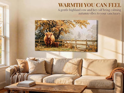 Ardemy Highland Cow Wall Art Mother and Baby Hand-painted Texture Canvas Painting 40"x20" Rustic Farmhouse Decor for Living Room Bedroom Home Office Animal Picture Artwork