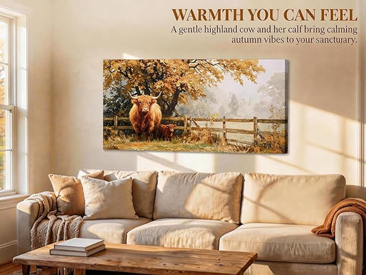 Ardemy Highland Cow Wall Art Mother and Baby Hand-painted Texture Canvas Painting 40"x20" Rustic Farmhouse Decor for Living Room Bedroom Home Office Animal Picture Artwork