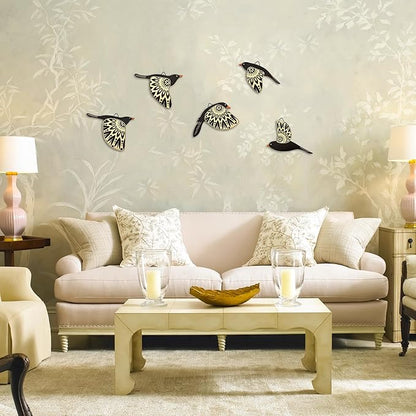 Vumyhuby 5 Pcs Black Wooden Bird Wall Art | Rustic Folk Art Wall Decor for Indoor Use | Handcrafted Wood Flying Birds Wall Hangings for Living Room, Bedroom, Kitchen, Office | Scandinavian Home Decor Gift