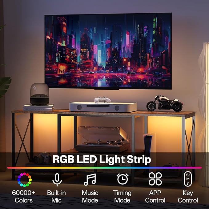LED TV Stand with 2 Fabric Drawer - 55" Industrial TV Console Table with Open Storage Shelves for Living Room,Bedroom, Entertainment Center TV Stands for 55-65" TV - Black Steel Frame